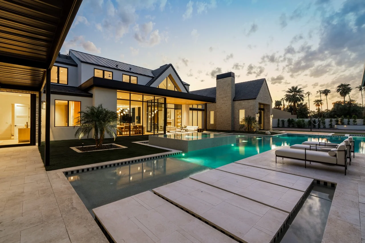 Hillcrest Development backyard and pool at sunset in Scottsdale